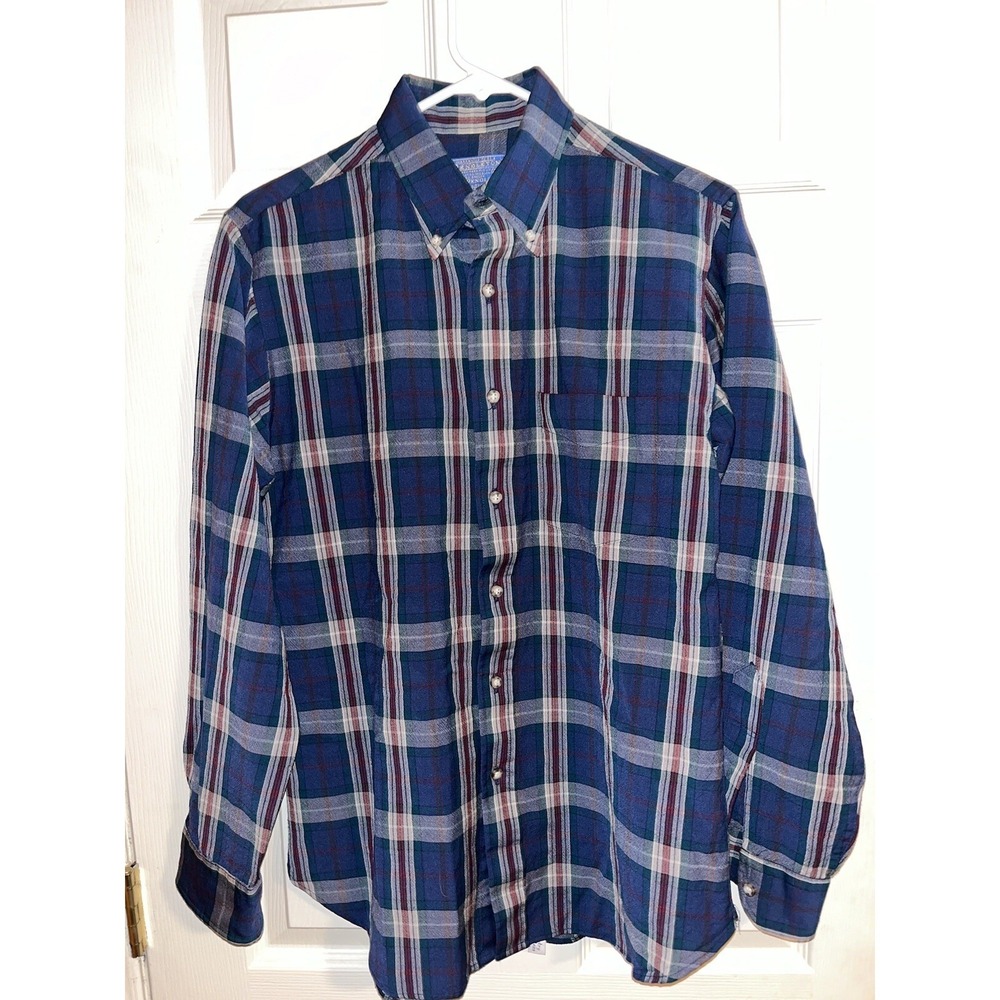 Pendleton Long Sleeve  Shirt Mens Medium‎ Blue 100% Fine Worsted Wool Plaid